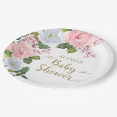 Elegante Rosa Weiße Rose Script Babydusche Pappteller (Schrägansicht)
