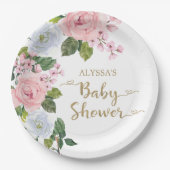 Elegante Rosa Weiße Rose Script Babydusche Pappteller (Vorderseite)