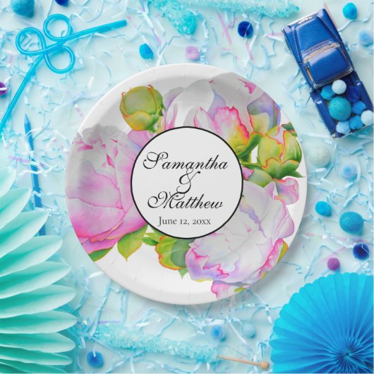 Elegante rosa, weiße Wasserfarbenperle mit Blumen Pappteller (Party)