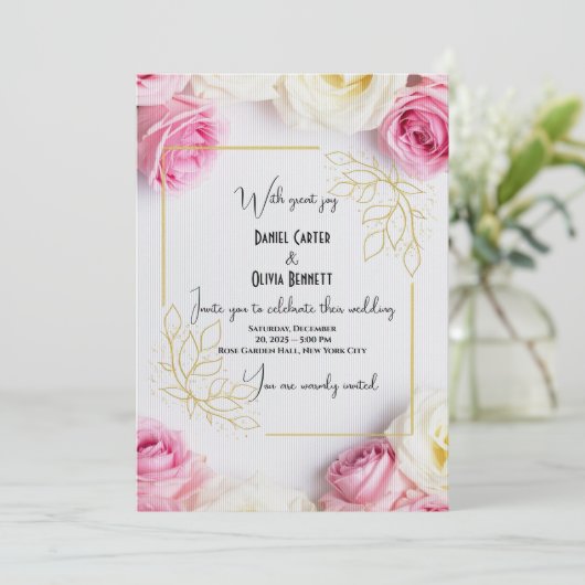 Elegante Rosa & White Rose Einladung zur Hochzeit (Stehend Vorderseite)