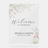 Elegante Rosa Wild Floral Simple Wedding Willkomme Acrylschild (Vorderseite)