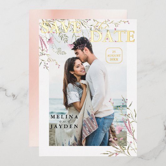 Elegante Rosa Wild Floral Wedding rettet das Datum Folieneinladung (Vorderseite/Rückseite)
