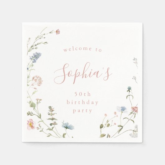 Elegante Rosa Wildblume Rustic Boho Birthday Serviette (Vorderseite)