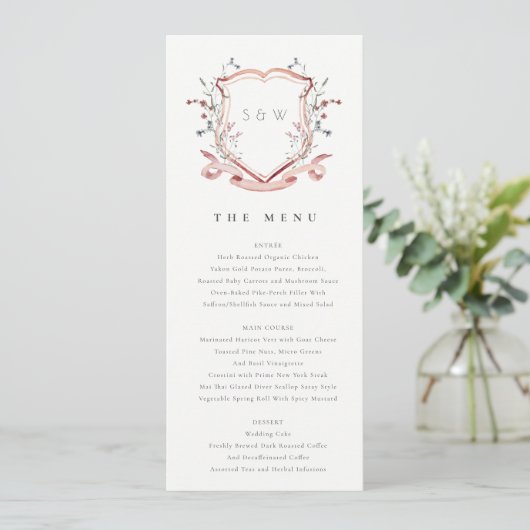 Elegante Rosa Wildblume Wappen Wedding Menu Card Einladung (Stehend Vorderseite)