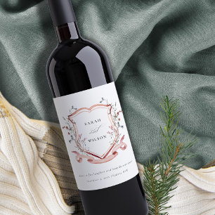 Elegante Rosa Wildblume Wasserfarben Wappen Hochze Weinetikett