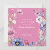 Elegante rosa Wildblume Wreath Girl Taufe Einladung (Vorderseite)
