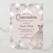 Elegante Rosa Winterschneeflocke Quinceanera Folieneinladung (Vorderseite)