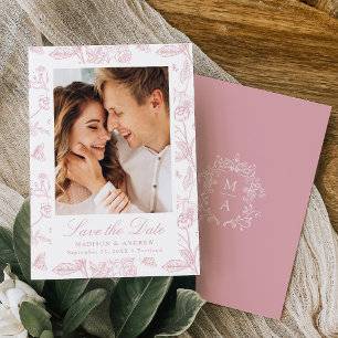 Elegante rosafarbene Chinoiserie-Blumen-Hochzeitsf Save The Date