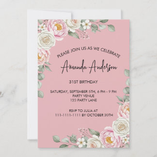 Elegante rosafarbene Floral-Aquarell-Geburtstagsei Einladung