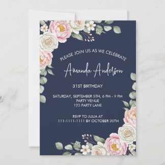 Elegante rosafarbene Floral-Aquarell-Geburtstagsei Einladung