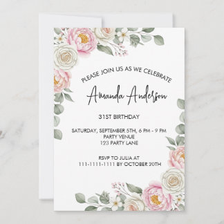 Elegante rosafarbene Floral-Aquarell-Geburtstagsei Einladung