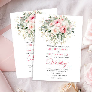Elegante rosafarbene Floral-Grün-Hochzeits-Einladu Einladung
