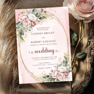 Elegante rosafarbene Floral-Grün-Roségold-Hochzeit Einladung