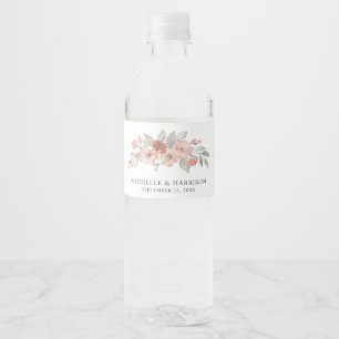 Elegante rosafarbene florale Aquarell-Hochzeit Wasserflaschenetikett