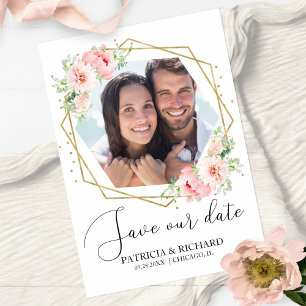 Elegante rosafarbene florale Foto-Save-the-Date-Ho Postkarte