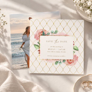 Elegante rosafarbene florale Gold-Gitter-Foto-Hoch Save The Date