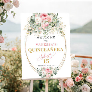 Elegante rosafarbene florale goldene Quinceañera-W Poster