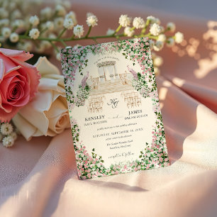 Elegante rosafarbene Gartenhochzeit mit Monogramm Einladung
