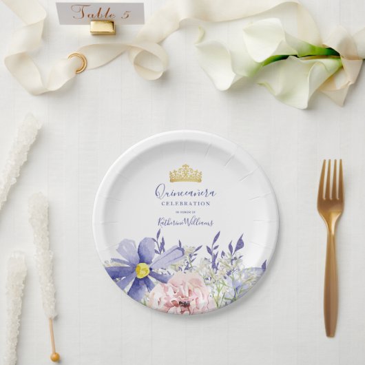 Elegante rosafarbene Lila Blütenkrone Quinceañera Pappteller (Hochzeit)