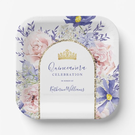 Elegante rosafarbene Lila Blütenkrone Quinceañera Pappteller (Vorderseite)