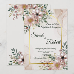 Elegante rosafarbene Marmor-Blumen-Save-the-Date-K Einladung