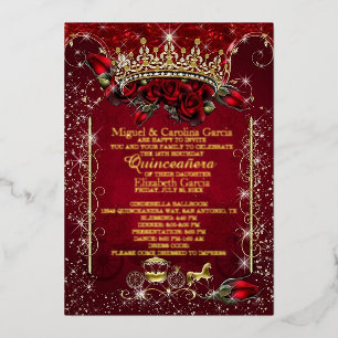 Elegante rosafarbene Quinceañera-Einladung Krone Folieneinladung