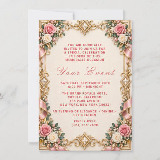 Elegante rosafarbene Rosen-Goldene formelle Feier Einladung