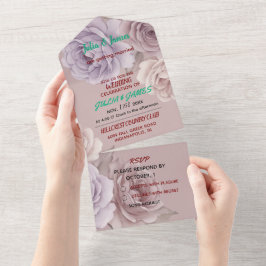 Elegante rosafarbene Rosen Hochzeitseinladung und All In One Einladung