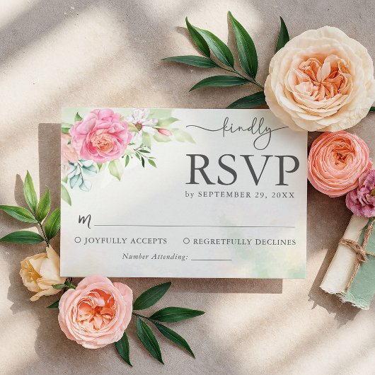 Elegante, rosafarbene, rustikale Hochzeitsaktionsk RSVP Karte