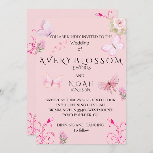 Elegante rosafarbene Schmetterlings-Hochzeitseinla Einladung (Vorne/Hinten)