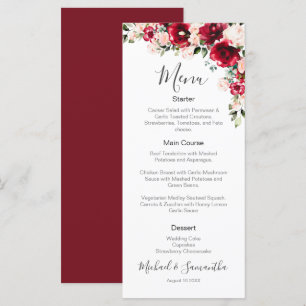 Elegante rosafarbene und rote Rosen Hochzeit Menükarte