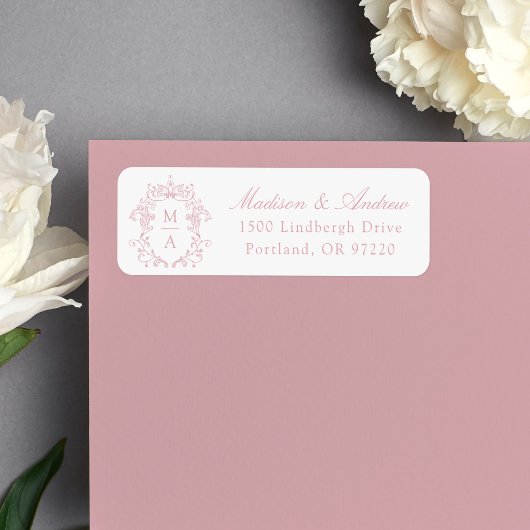 Elegante rosafarbene Wappen-Monogramm-Hochzeitsadr
