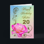 Elegante Rose 20. Geburtstagskarte für Sister Karte<br><div class="desc">Ein elegantes Rosa steht auf einem goldenen Hintergrund. Eine schöne Karte, die sicher Ihre Schwester bei ihrem 20. Geburtstag zufriedenstellen wird.</div>
