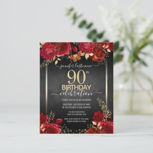 Elegante Rose 90. Geburtstag Einladung (Stehend Vorderseite)