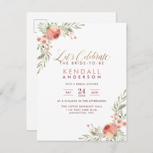 Elegante Rose Aquarell Blumenbeete Brautparty Einladungspostkarte (Vorne/Hinten)