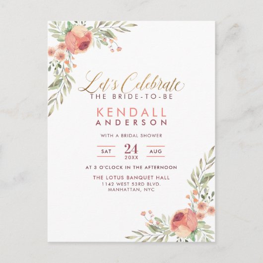 Elegante Rose Aquarell Blumenbeete Brautparty Einladungspostkarte (Vorderseite)