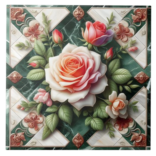 Elegante Rose auf grünem Marmorboden Fliese (Vorderseite)