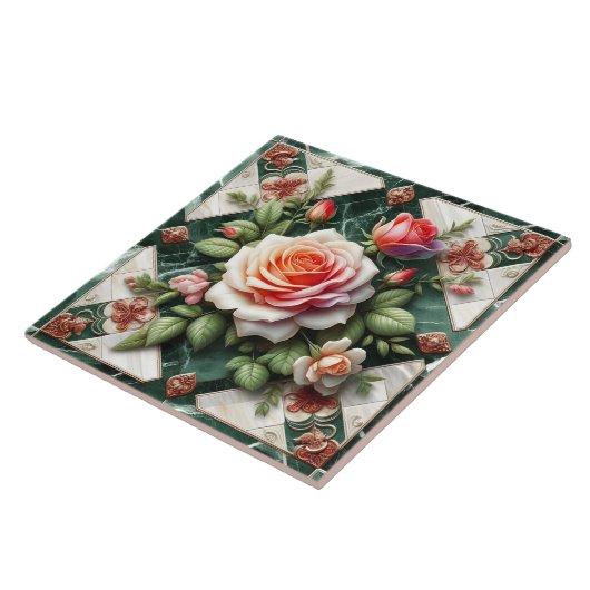 Elegante Rose auf grünem Marmorboden Fliese (Seite)