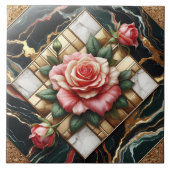 Elegante Rose auf Marmor- und Gold-Hintergrund Fliese (Vorderseite)