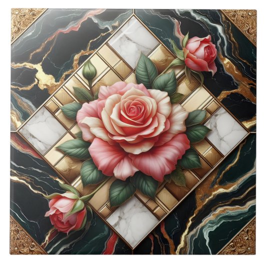 Elegante Rose auf Marmor- und Gold-Hintergrund Fliese (Vorderseite)