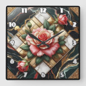 Elegante Rose auf Marmor- und Gold-Hintergrund Quadratische Wanduhr (Vorderseite)