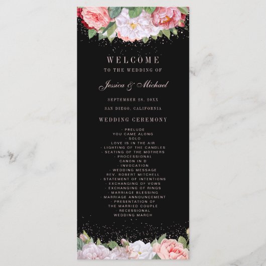 Elegante Rose aus der Blüte Rosa Schwarze Hochzeit Programm (Vorderseite)