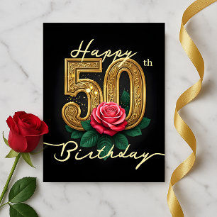 Elegante Rose Blühen und Luxus Golden 50. Geburtst Postkarte