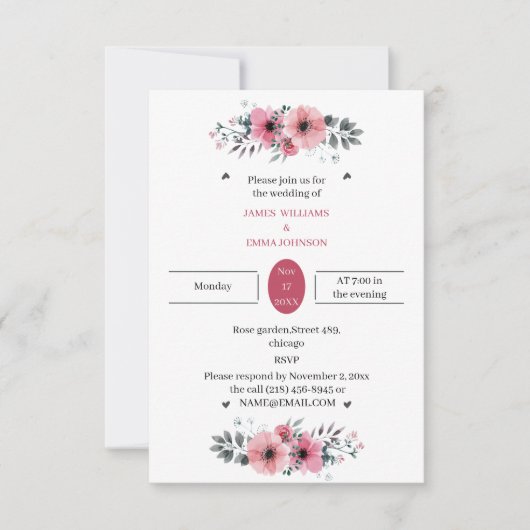 Elegante Rose Blume Custom Wedding Einladung (Vorderseite)