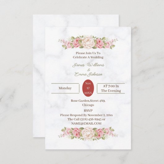 Elegante Rose Blume maßgeschneiderte Hochzeit Einladung (Vorne/Hinten)