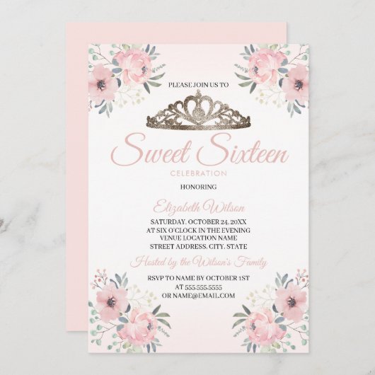 Elegante Rose Blumen Rosa Rosa 2 Süß 16 Einladung (Vorne/Hinten)