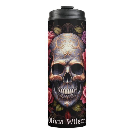 Elegante Rose Blumen Skull Personalisiert Thermosbecher (Vorderseite)