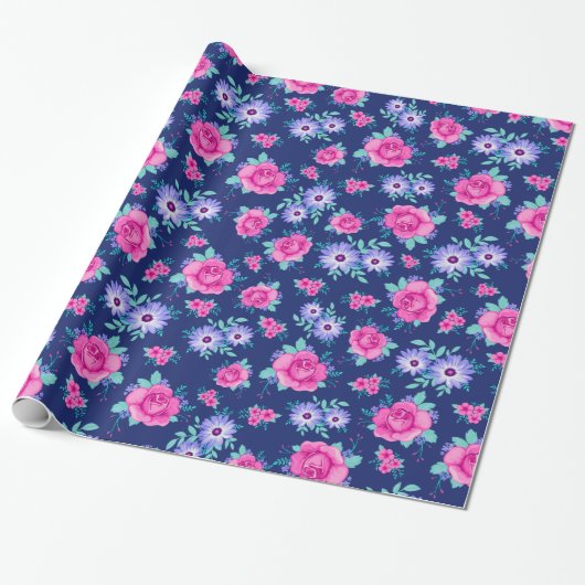 Elegante Rose Blumenrosa Lila blaues Muster Geschenkpapier (Ungerollt)