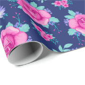Elegante Rose Blumenrosa Lila blaues Muster Geschenkpapier (Rolleneckpunkt)
