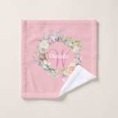 Elegante Rose Blumenrosa-Script-Monogramm Badhandtuch Set (Waschlappen)